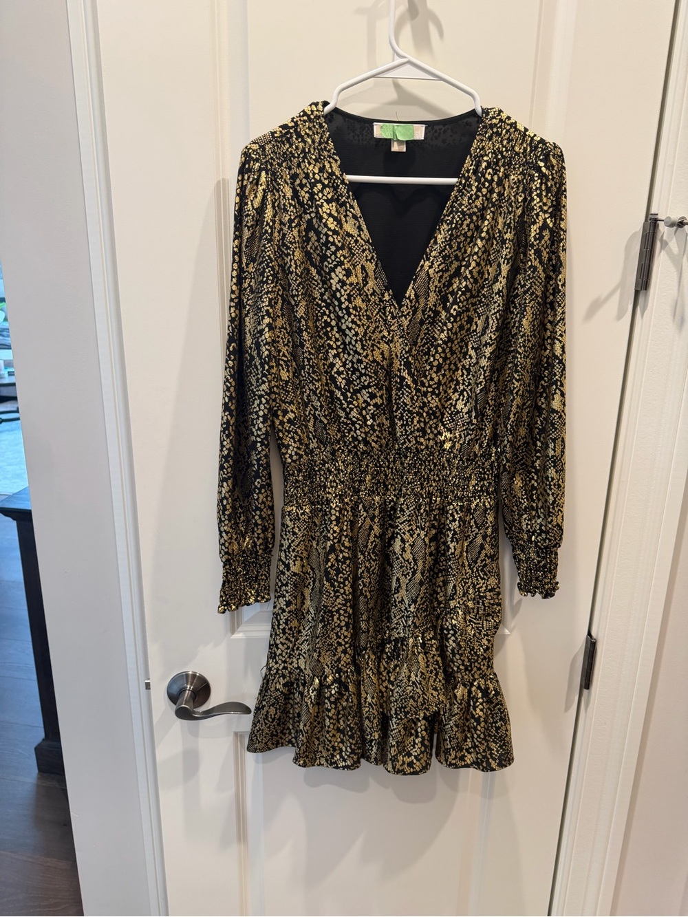 Michael Kors Black and Gold Printed Long-Sleeve V-Neck Dress